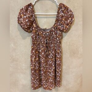 La Hearts Brown Floral Puff Sleeve Mini Dress